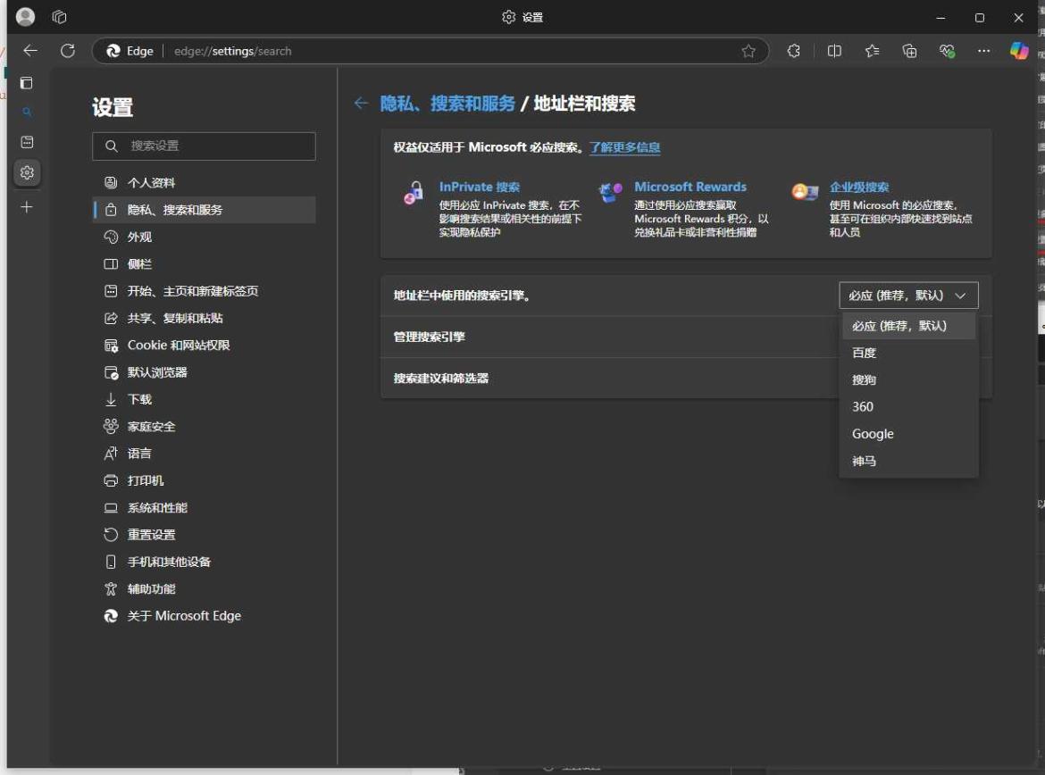 Edge浏览器地址栏中使用的搜索引擎